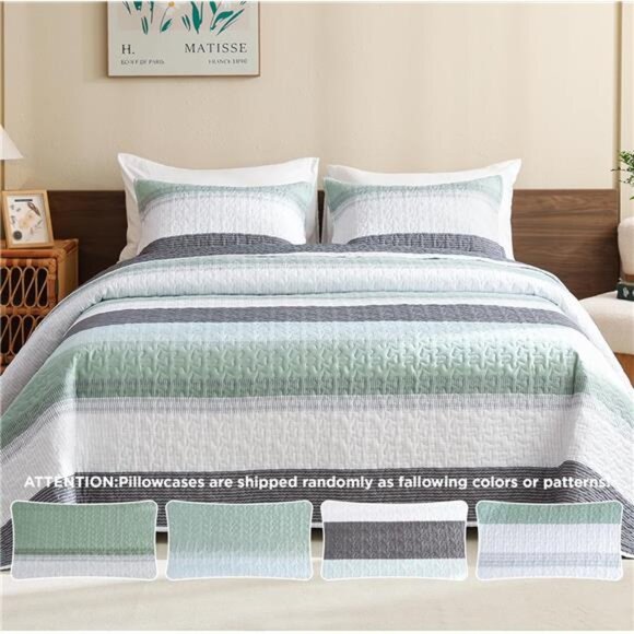 California King Quilt Set Sage Green - Cal King Oversized Stripe Comforter - Picture 12 of 16